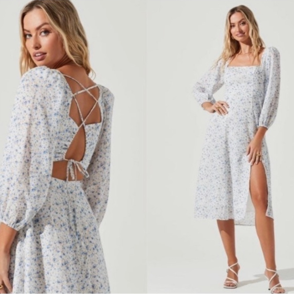 ASTR/Audette Square Neck Floral Cutout Midi Dress - BLUE WHITE DITSY / L